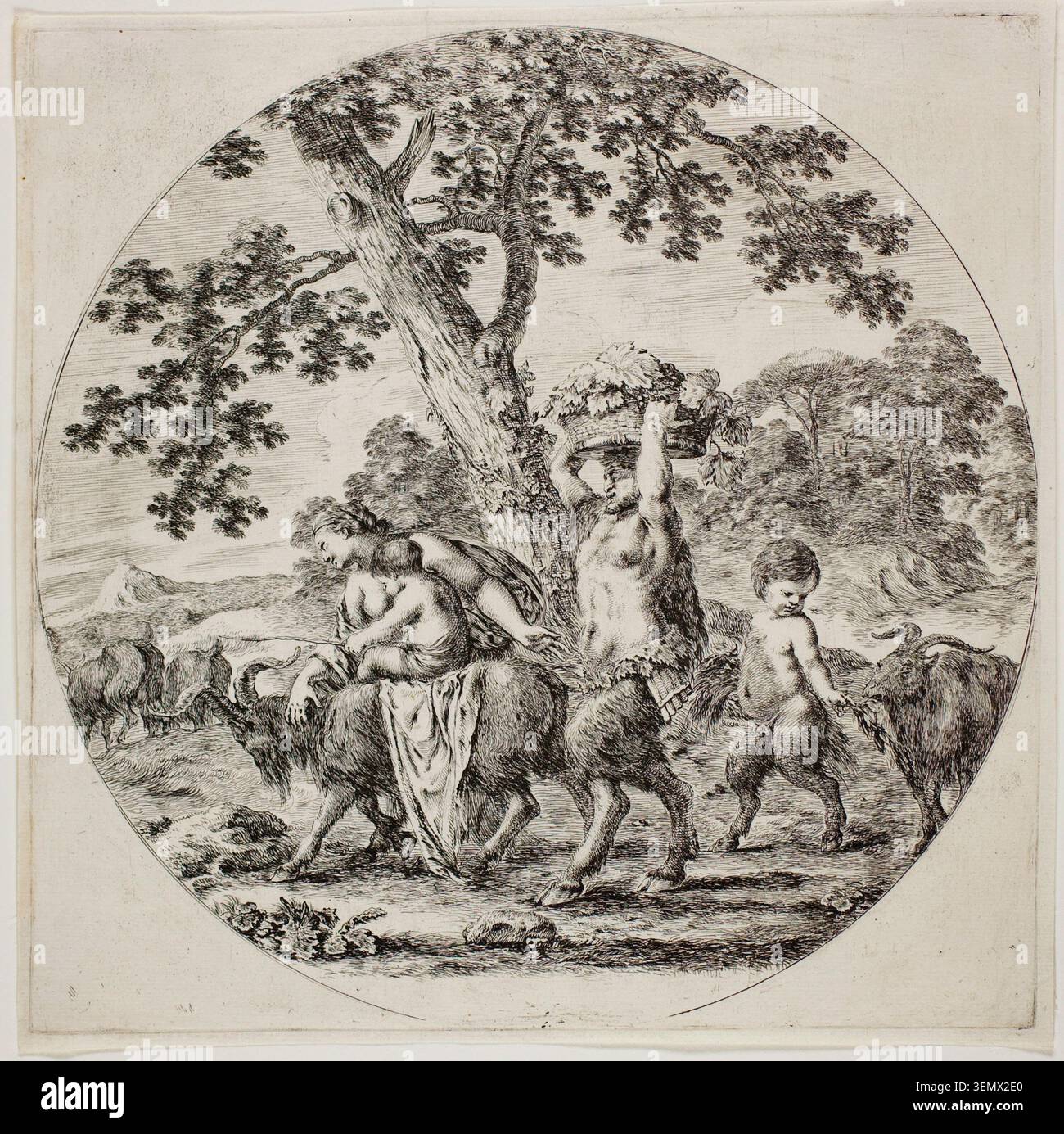 Satyr Family Walking di Stefano della bella, 1657 ca., raffigurante satiri mitologici e cherubini in un paesaggio boschivo pastorale sotto un grande albero Foto Stock
