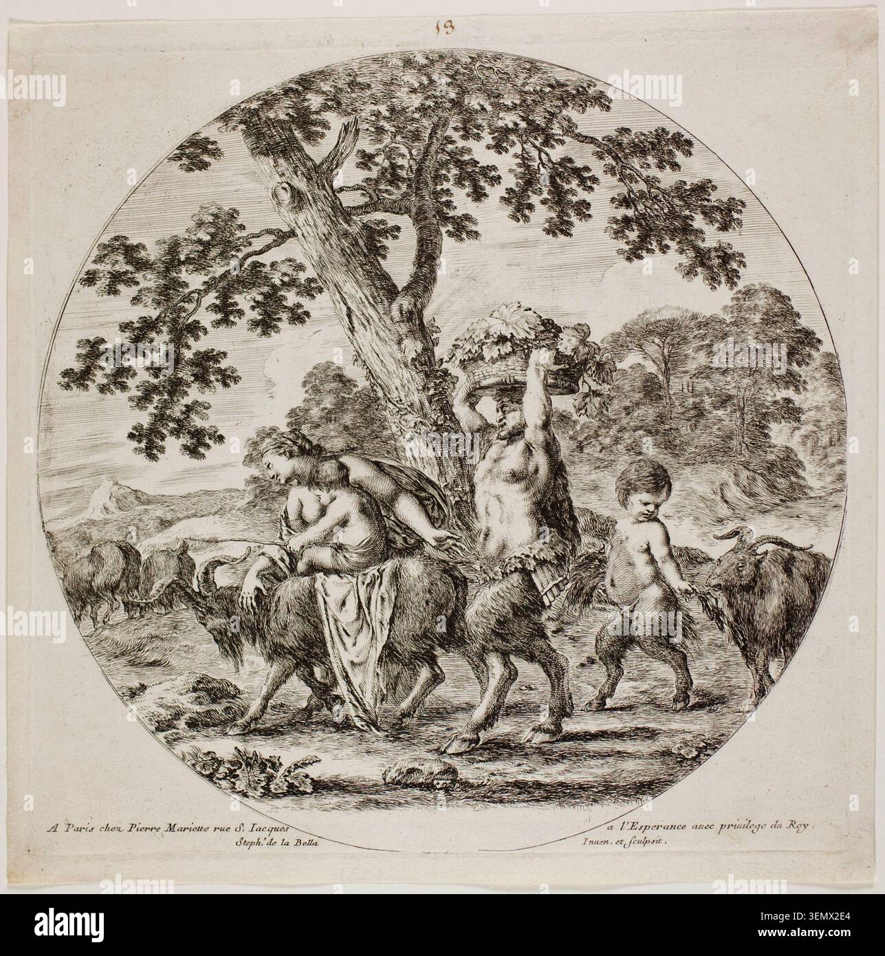Satyr Family Walking di Stefano della bella, 1657 ca., raffigurante satiri mitologici e putti che passeggiano sotto un grande albero in un paesaggio boscoso Foto Stock