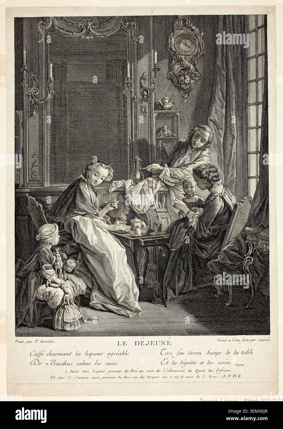 Le Dejeune di Francesco Bernard Lépicié in onore di Francesco Boucher, raffigurante un'elegante scena aristocratica della colazione con donne e bambini vestiti alla moda riuniti in un interno decorato con gusto Foto Stock