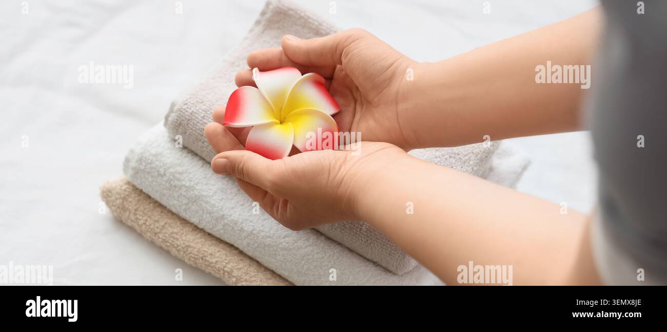 Relax benessere Spa con le mani che tengono il fiore di plumeria su asciugamani impilati per la cura e la tranquillità di sé Foto Stock