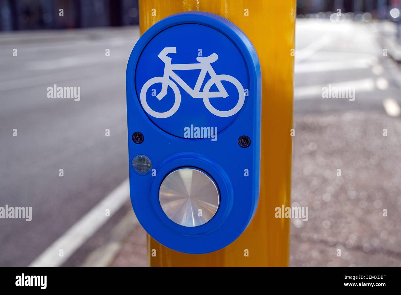 Pulsante di attraversamento della bicicletta sul palo giallo con strada e pista ciclabile visibile sullo sfondo, Auckland Foto Stock