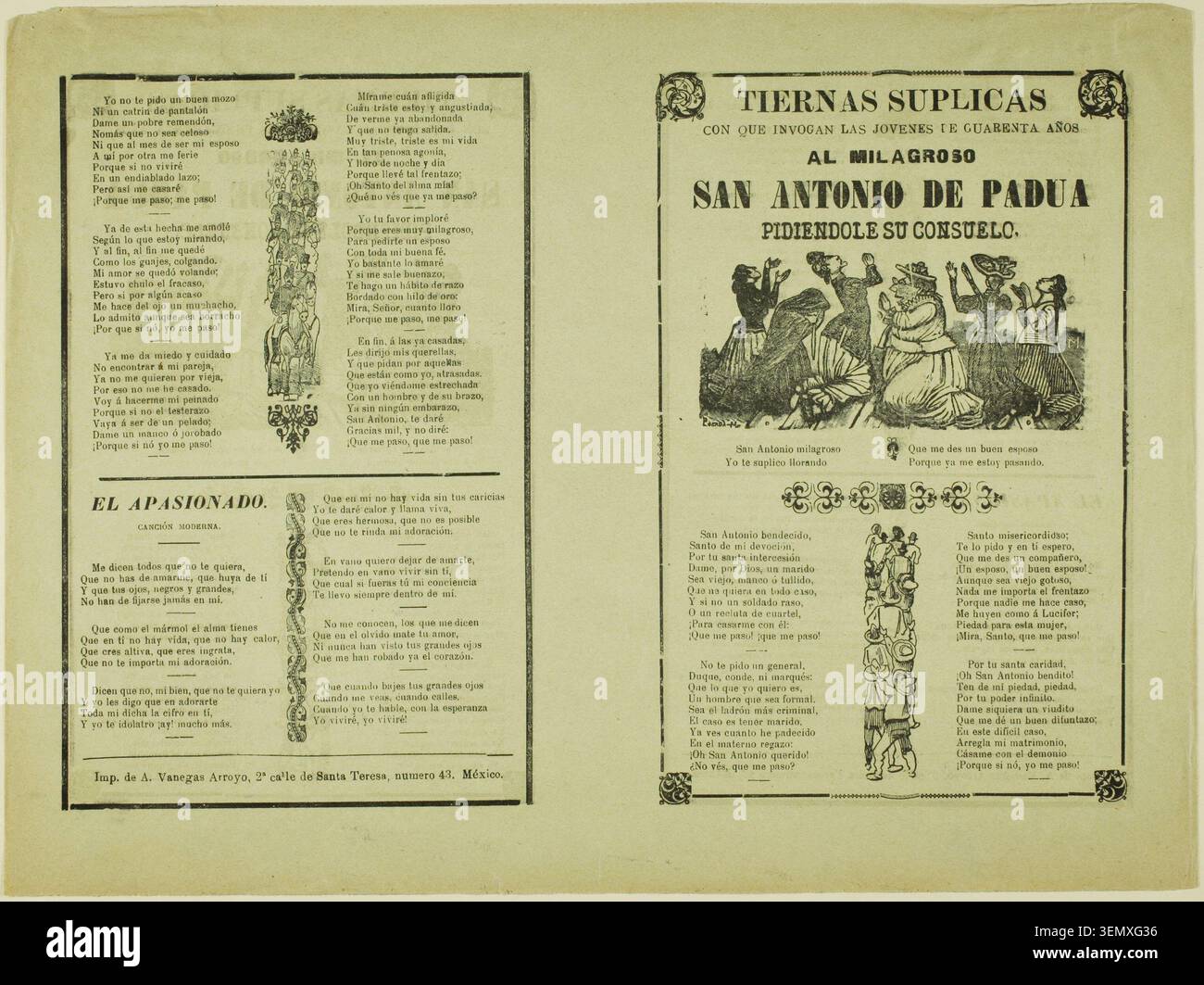 Sentite suppliche di José Guadalupe Posada, 1890–99, raffiguranti la devozione religiosa popolare messicana con figure in preghiera e supplica a San Antonio de Padova Foto Stock
