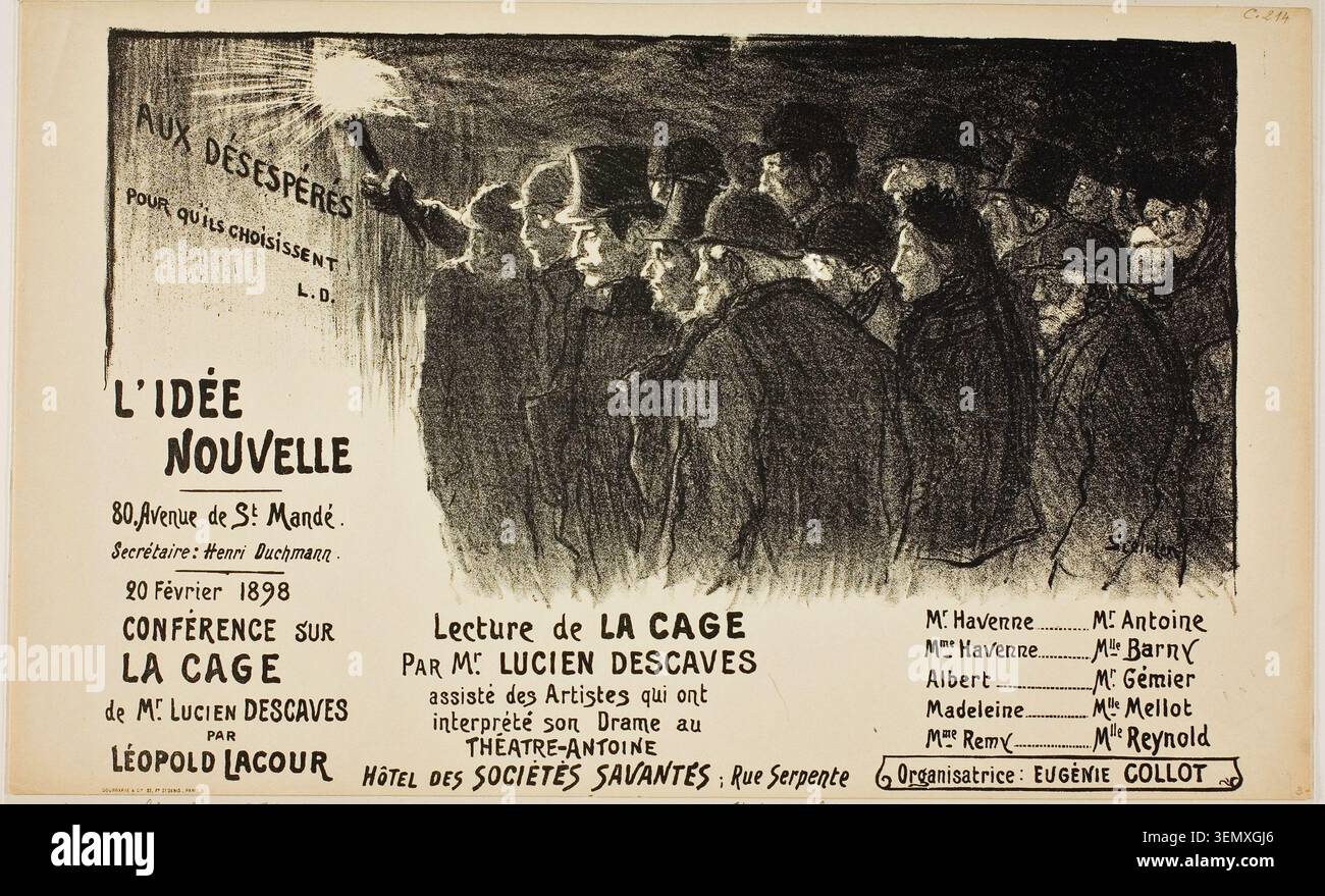L'Idée Nouvelle di Théophile-Alexandre Steinlen, febbraio 1898, raffigurante una conferenza sulla teoria della gabbia di M. Lucien Descaves, con un pubblico raccolto in interni ombreggiati Foto Stock