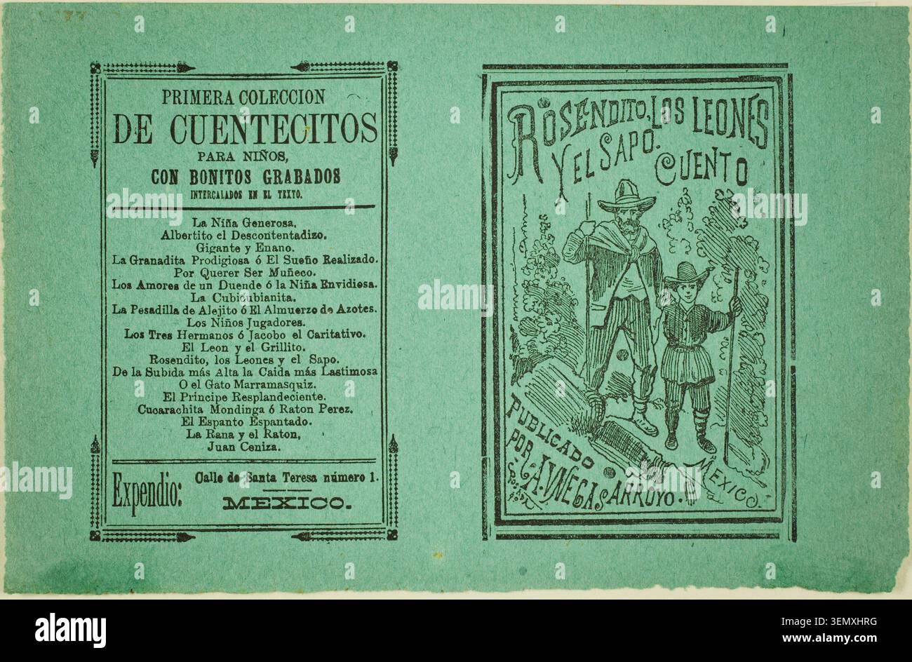 Little Rosen, The Lions, and the Toad di José Guadalupe Posada, raffigurante due figure in abito tradizionale che incontrano creature fantastiche in una scena narrativa stravagante Foto Stock