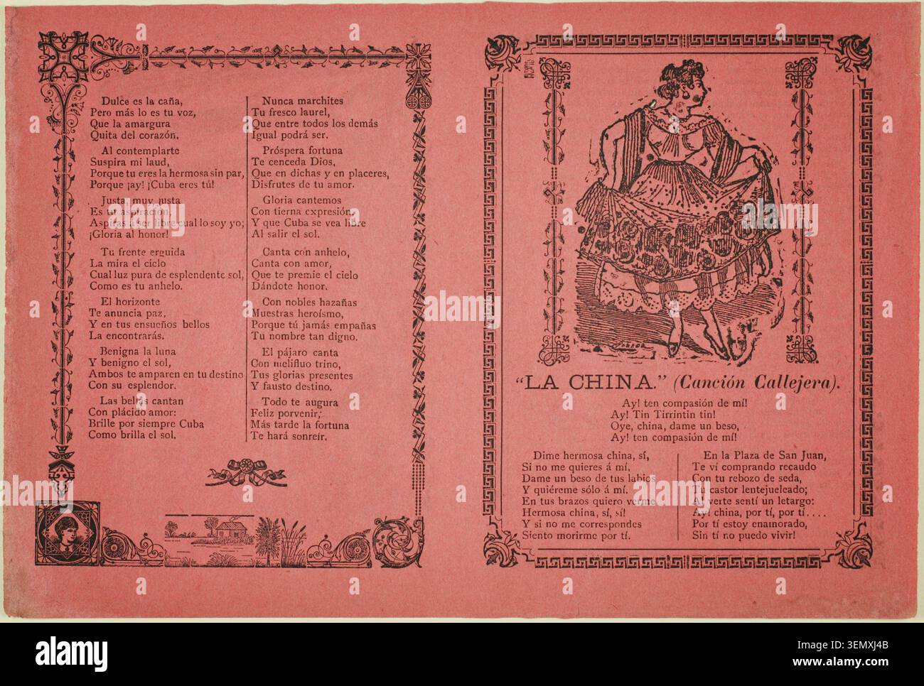The Chinese Woman: Folk Songs di José Guadalupe Posada, n.d., raffigurante una donna in abito ornato circondata da versi in lingua spagnola che celebrano l'indipendenza cubana e la bellezza femminile Foto Stock