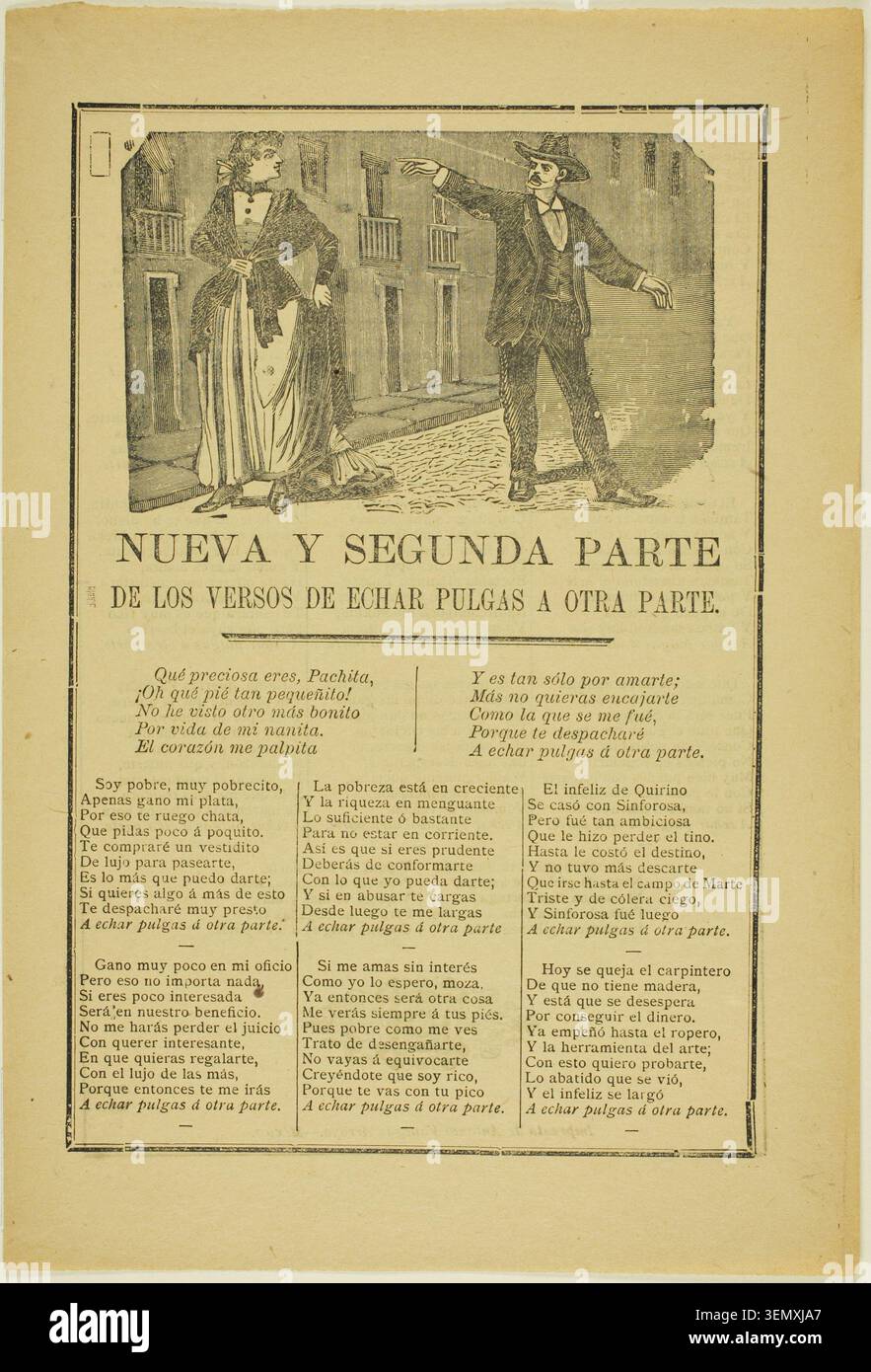 Nueva y Segunda parte de los Versos de Echar Pulgas a Otra parte di José Guadalupe Posada, n.d., raffigurante due figure in conversazione su una strada, illustrando una narrazione satirica in versi in lingua spagnola Foto Stock