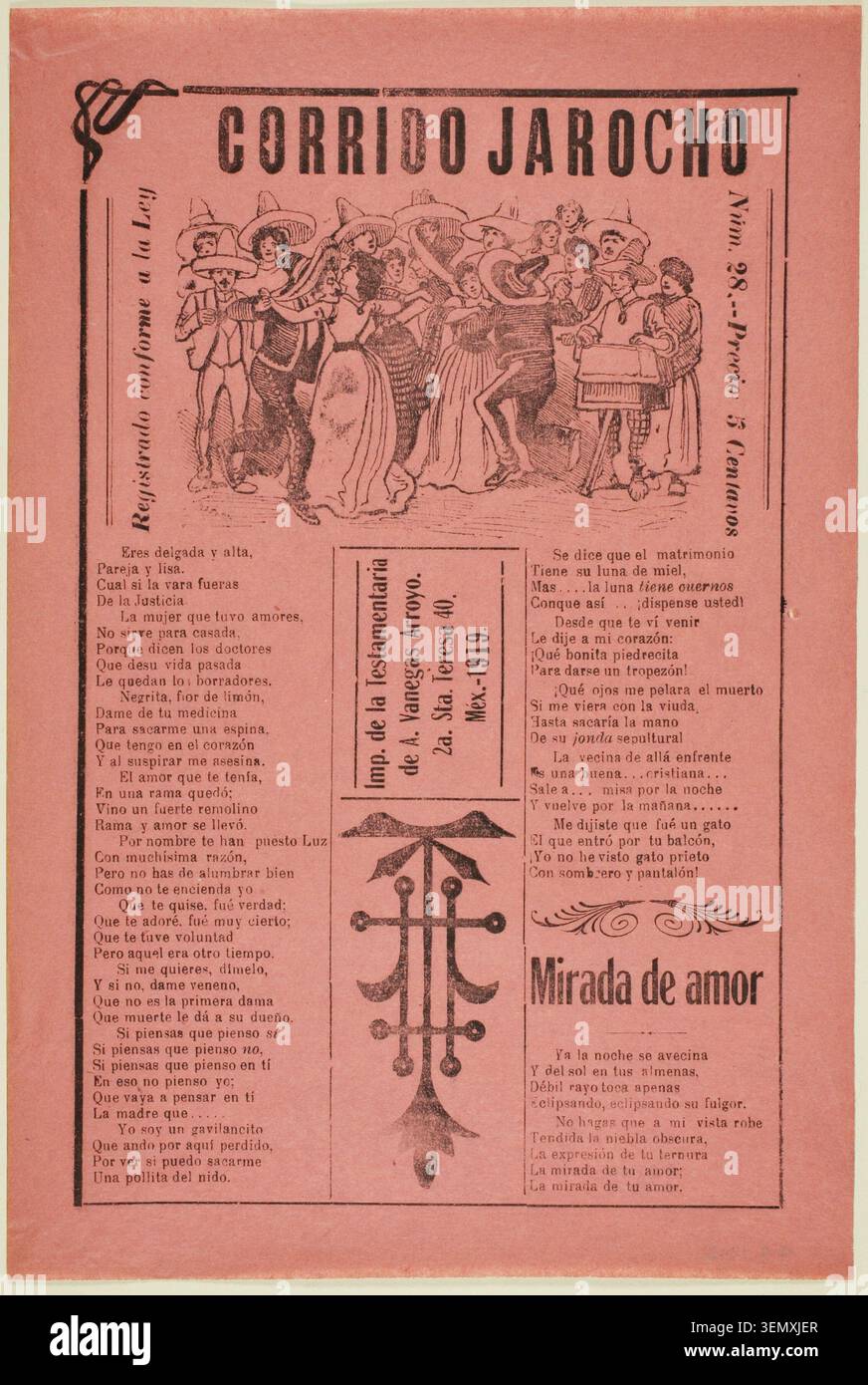 Corrido Jarocho di José Guadalupe Posada, n.d., che raffigura una festosa festa popolare messicana con musicisti, ballerini in abito tradizionale e iconografia religiosa decorativa tra testi di ballate popolari e versi romantici Foto Stock