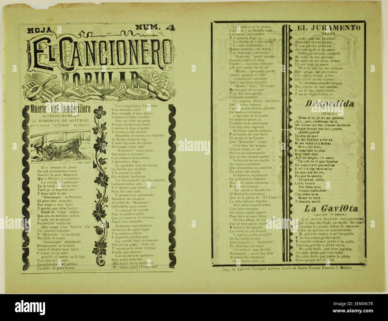 El cancionero Popular, hoja num. 4 di Manuel Manilla, n.d., raffigurante canzoni e ballate folcloristiche messicane con bordi ornamentali e diversi testi poetici in layout tradizionale Foto Stock