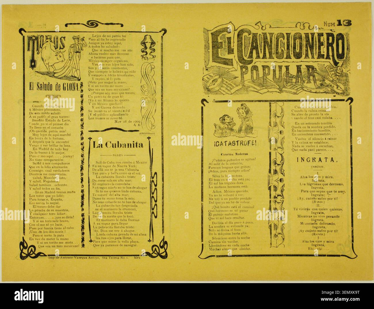 El cancionero popolare, num. 13 di Unknown Artist, n.d., una pagina di libri di canzoni messicane che presenta popolari versi lirici, canzoni patriottiche e narrazioni popolari in tipografia ornamentale Foto Stock