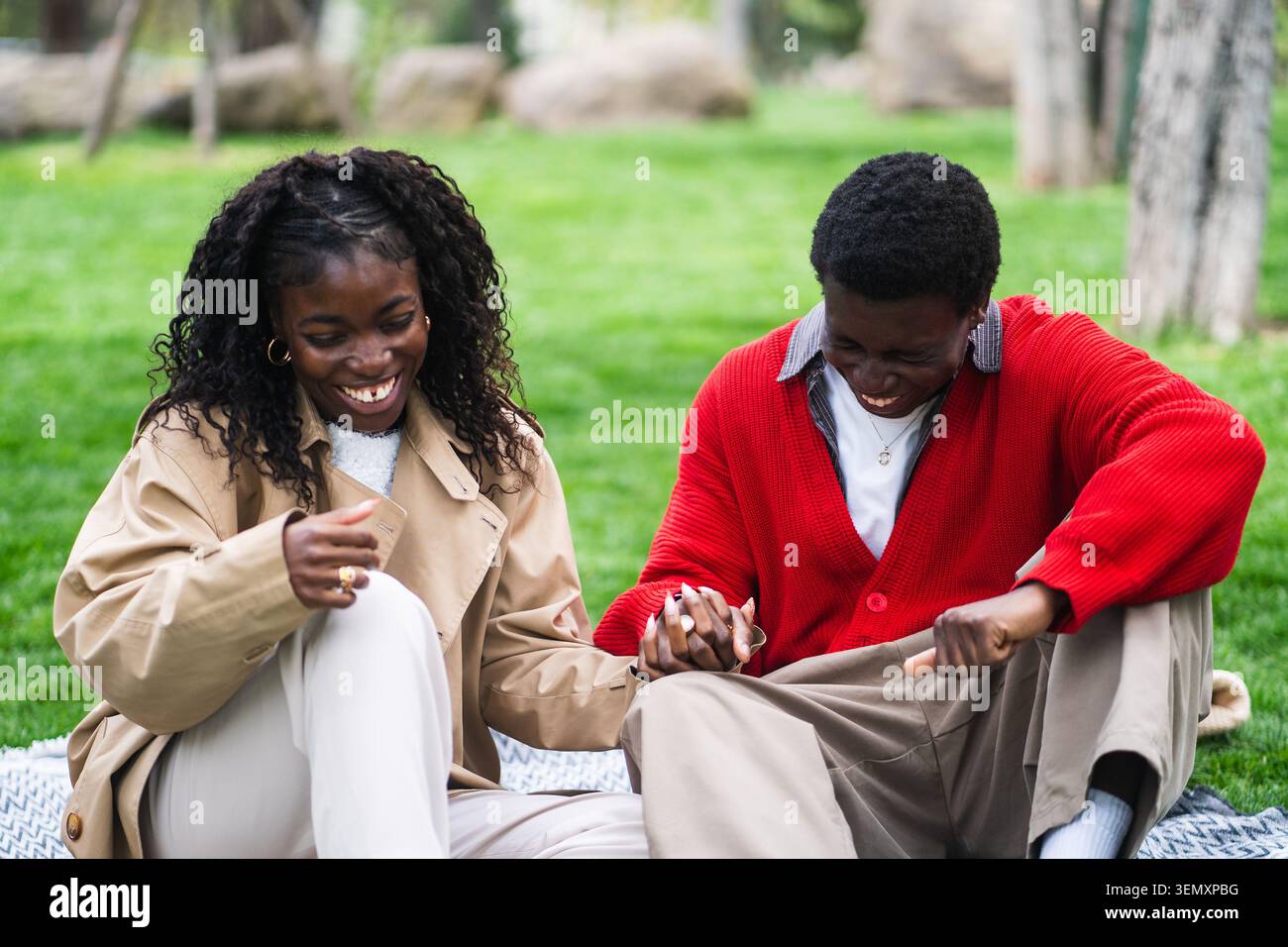 Allegro e positivo uomo e donna afroamericana seduti su plaid nel parco ridendo e scherzando Foto Stock