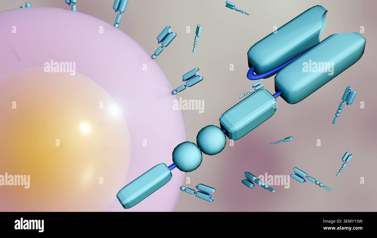 Rendering 3D della cella CAR-T come struttura sferica con una membrana esterna traslucida e un nucleo. Numerosi recettori dell'antigene chimerico a forma di Y (CAR). Foto Stock