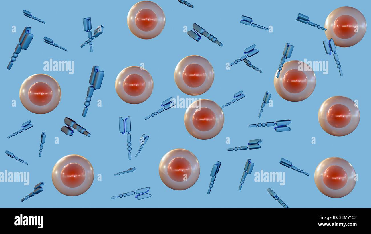 Rendering 3D della cella CAR-T come struttura sferica con una membrana esterna traslucida e un nucleo. Numerosi recettori dell'antigene chimerico a forma di Y (CAR). Foto Stock