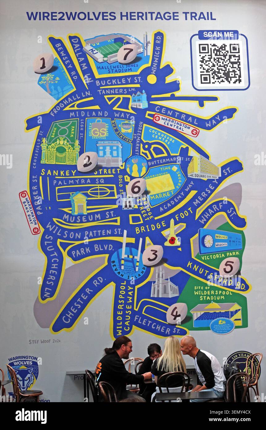 Mappa del percorso storico del Wire2Wolves Rugby League visualizzata a Golden Square, Warrington, che collega i siti chiave della storia sportiva della città Foto Stock
