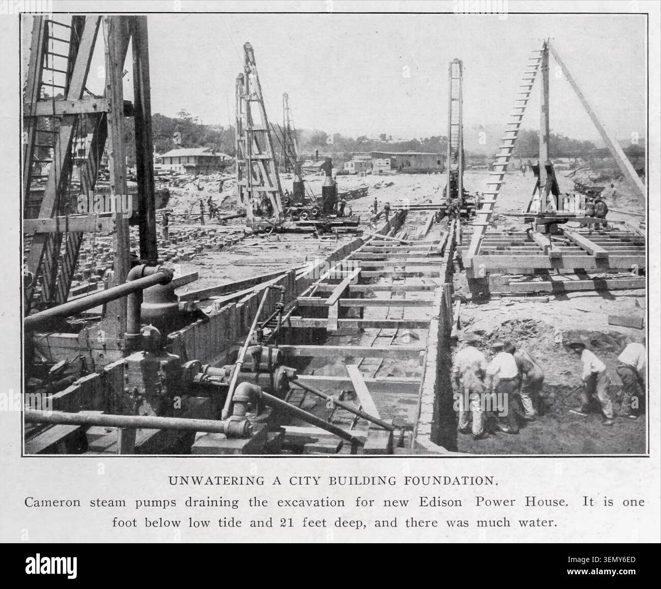 Lavoratori che abbandonano l'abbeveraggio della costruzione della città profonda per la nuova Edison Power House, mostrando un complesso cantiere con scalpelli e pompe a vapore attive che gestiscono i livelli dell'acqua sotterranea. DALL'ARTICOLO MACCHINARI E METODI PER LO SCAVO DI FONDAZIONI SKY-SCRAPER. Di T. Kennard Thomson. Dalla rivista Engineering dedicata al progresso industriale volume XXXIV ottobre 1907 - marzo 1908 The Engineering Magazine Co. Foto Stock