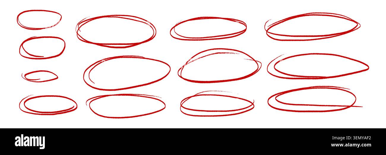 Set di ovali e cerchi in pastello rosso disegnati a mano. Ellissi in stile matita rossa. Forme rotonde a mano libera, evidenziazioni. Telai rossi rotondi ruvidi sottili. Elementi vettoriali per diagrammi disegnati a mano Illustrazione Vettoriale