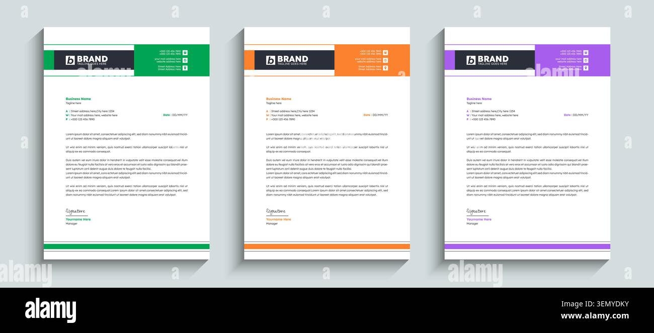 Modello di design professionale e creativo della carta intestata con colori arancione, viola e verde. Design multiuso per cancelleria, identità Illustrazione Vettoriale