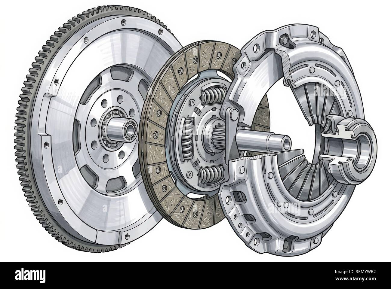 Illustrazione tecnica del settore automobilistico stilizzata in stile di rendering Copic che mostra un complessivo frizione esploso con volano, disco frizione, pressione PL Foto Stock