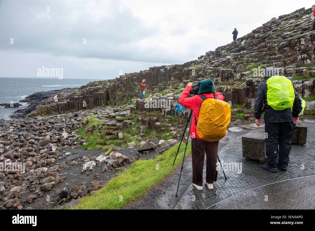 Turisti cinesi che realizzano video da cellulare sotto la pioggia al Giant's Causeway, Contea di Antrim, Irlanda del Nord, Regno Unito Foto Stock
