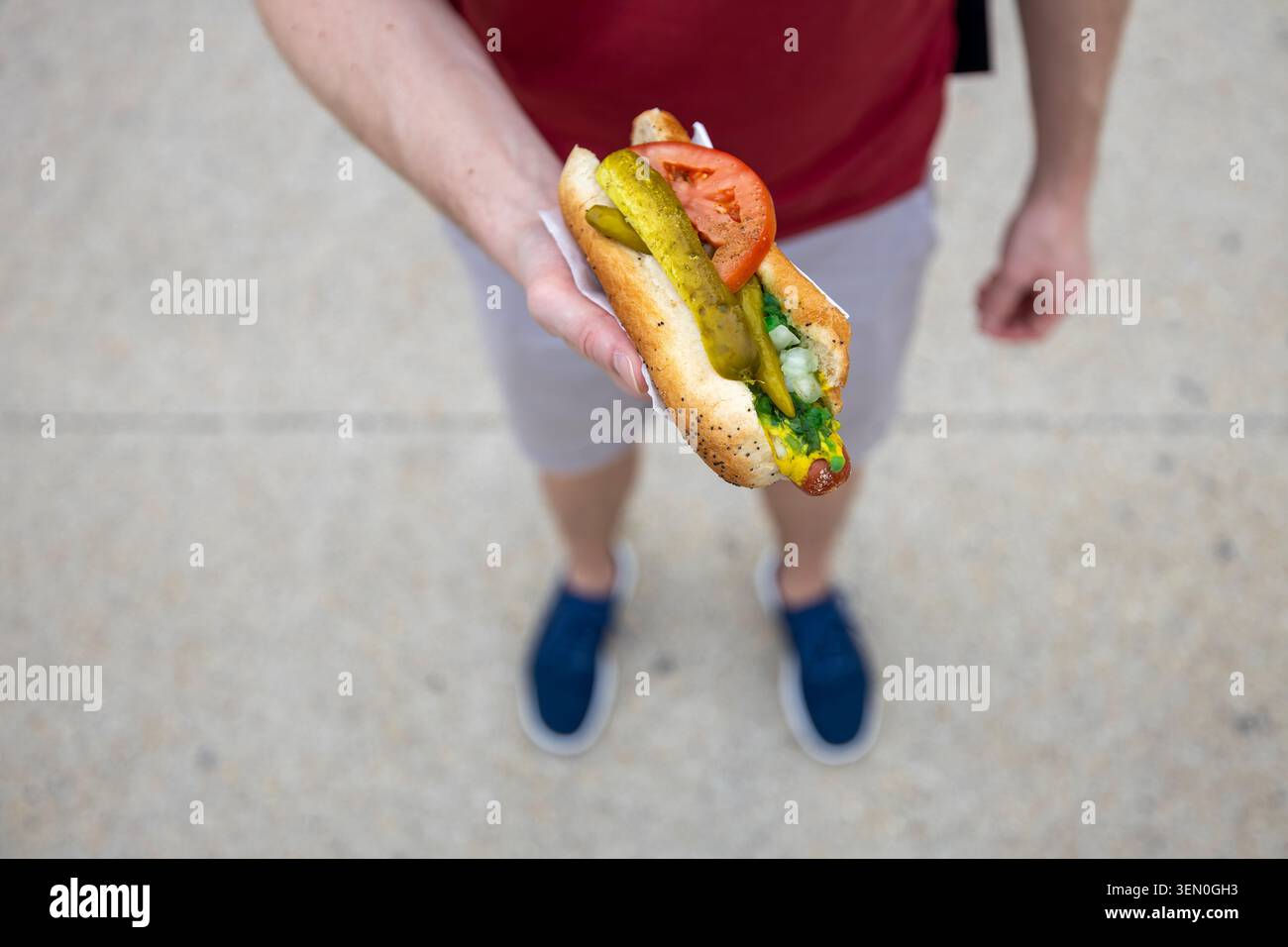 Primo piano che tiene in mano il tradizionale hot dog in stile Chicago sullo sfondo della città di strada. Fast food, cucina americana, cultura Street food e pranzo estivo Foto Stock