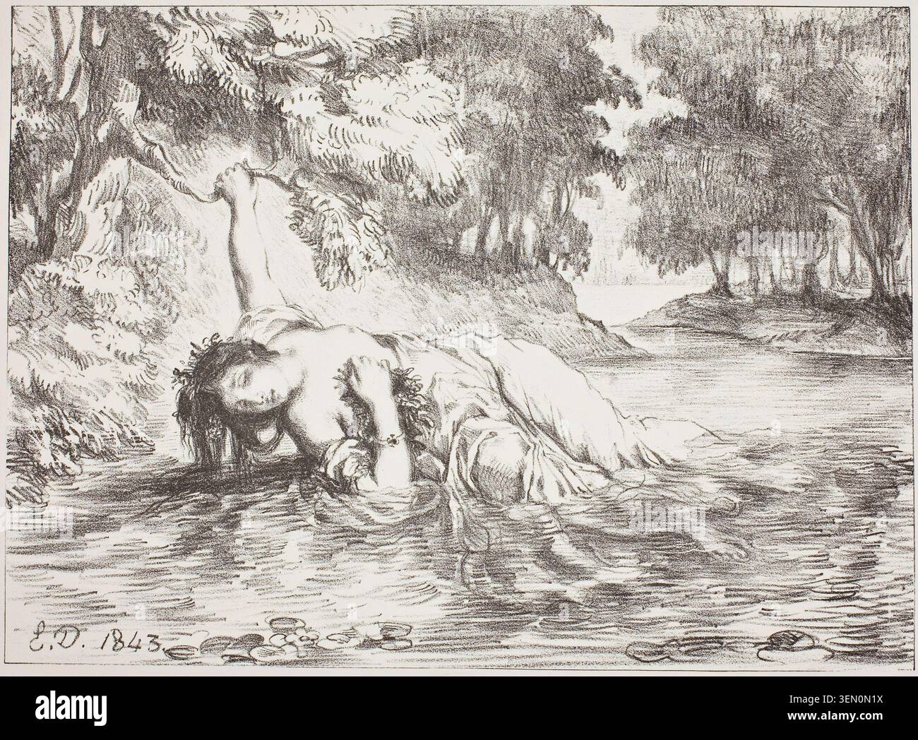 La morte di Ofelia per opera di Eugène Delacroix, 1843, raffigurante il tragico annegamento dell'eroina di Shakespeare in un torrente boschivo circondato da fitte fogliame Foto Stock
