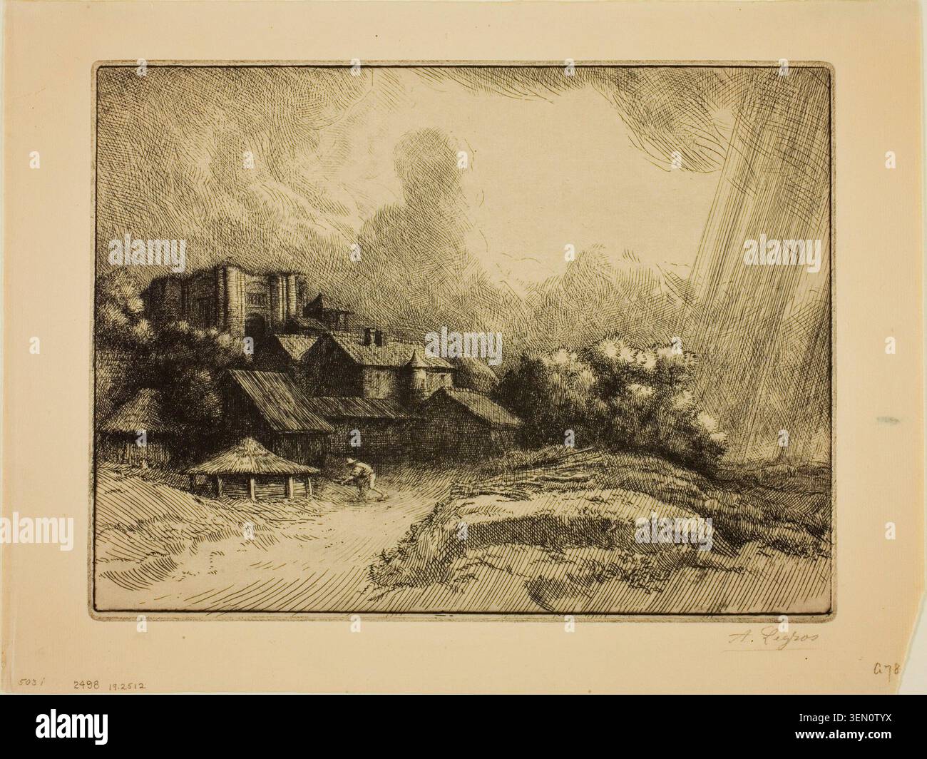 The Abbey Farm by Alphonse Legros, 1893 ca., raffigurante un monastero rurale o un'abbazia annidata in un paesaggio montano con edifici e alberi circostanti Foto Stock