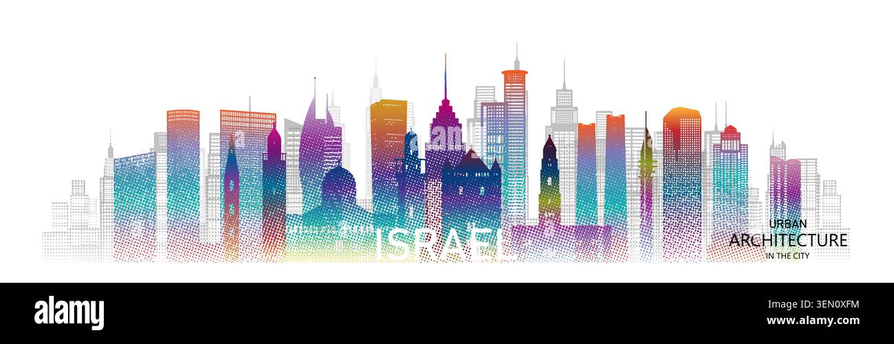 Viaggia in stile architettonico in Israele, gerusalemme, aviv con uno stile colorato a mezzitoni. Visita i famosi monumenti architettonici israeliani del Medio Oriente in Una Illustrazione Vettoriale