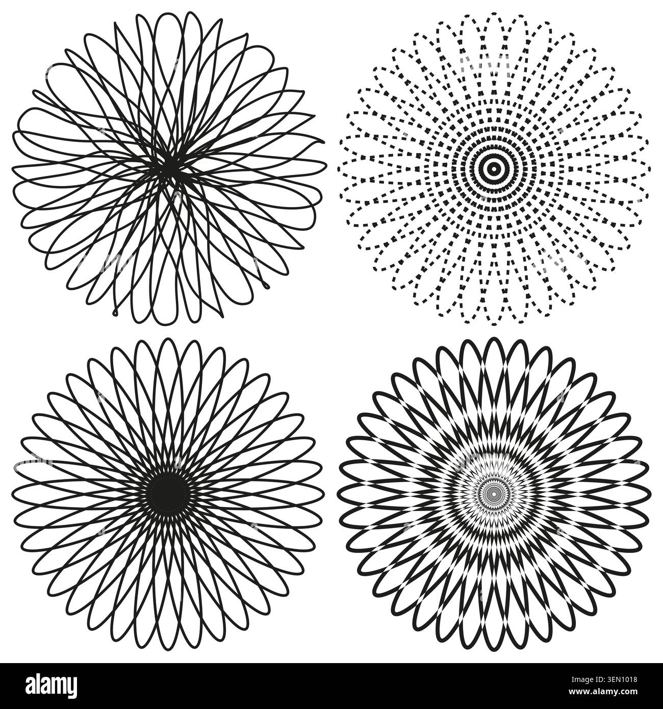 Set di quattro vettori geometrici di pattern spirografici guilloche. La grafica supporta la stampa di sicurezza, la creazione di certificati e il branding decorativo. EPS 10. Illustrazione Vettoriale