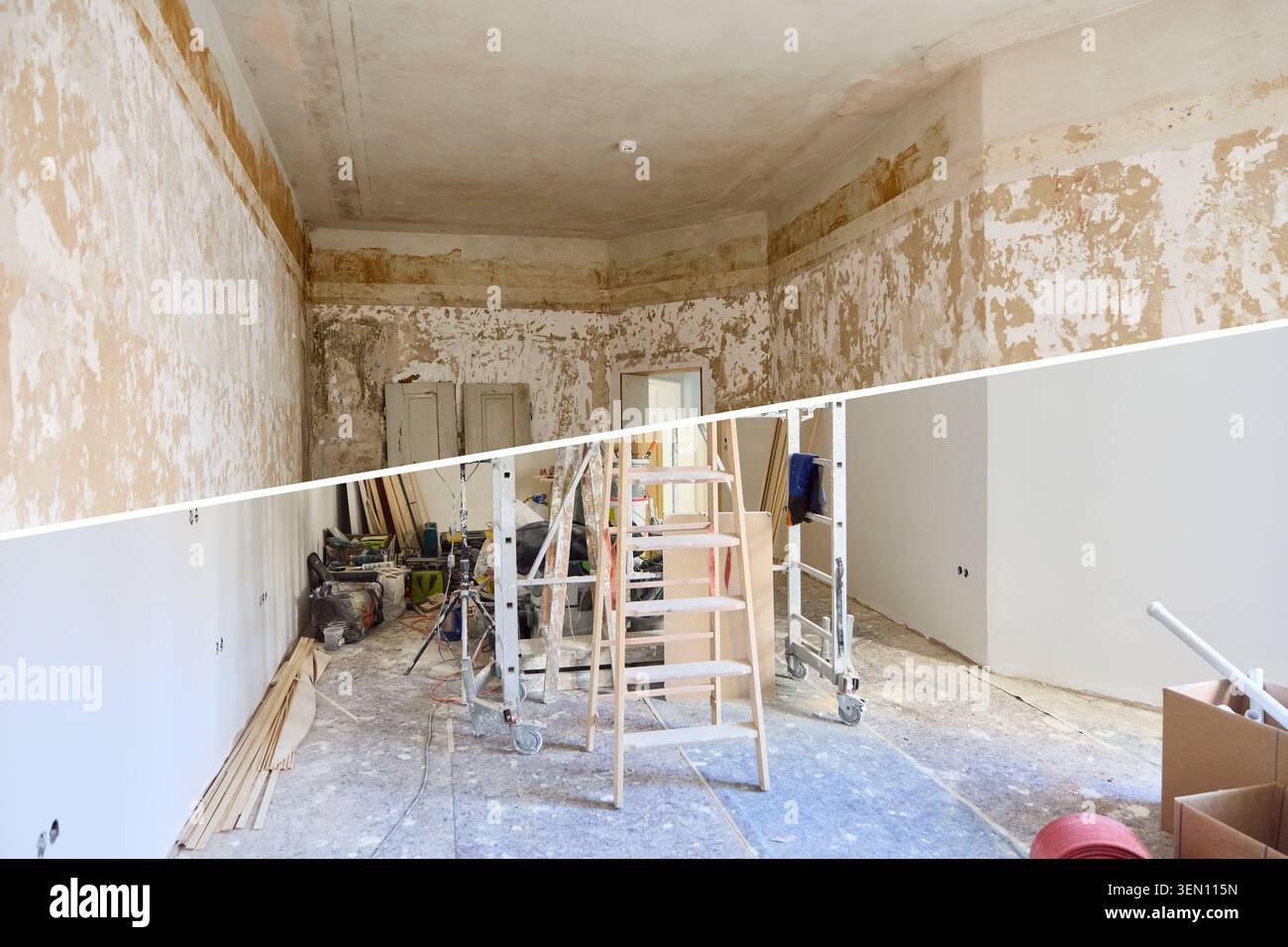La sezione superiore rivela lo stato originale e fatiscente della stanza con carta da parati staccabile e superfici usurate, mentre la sezione inferiore visualizza la o Foto Stock