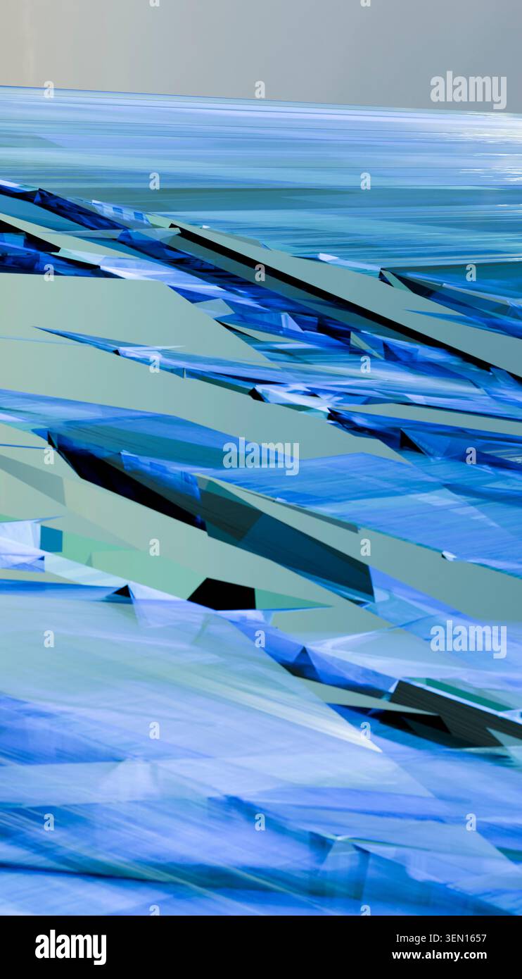 Immagine astratta con forme geometriche blu e verdi sovrapposte su una superficie piana. Foto Stock