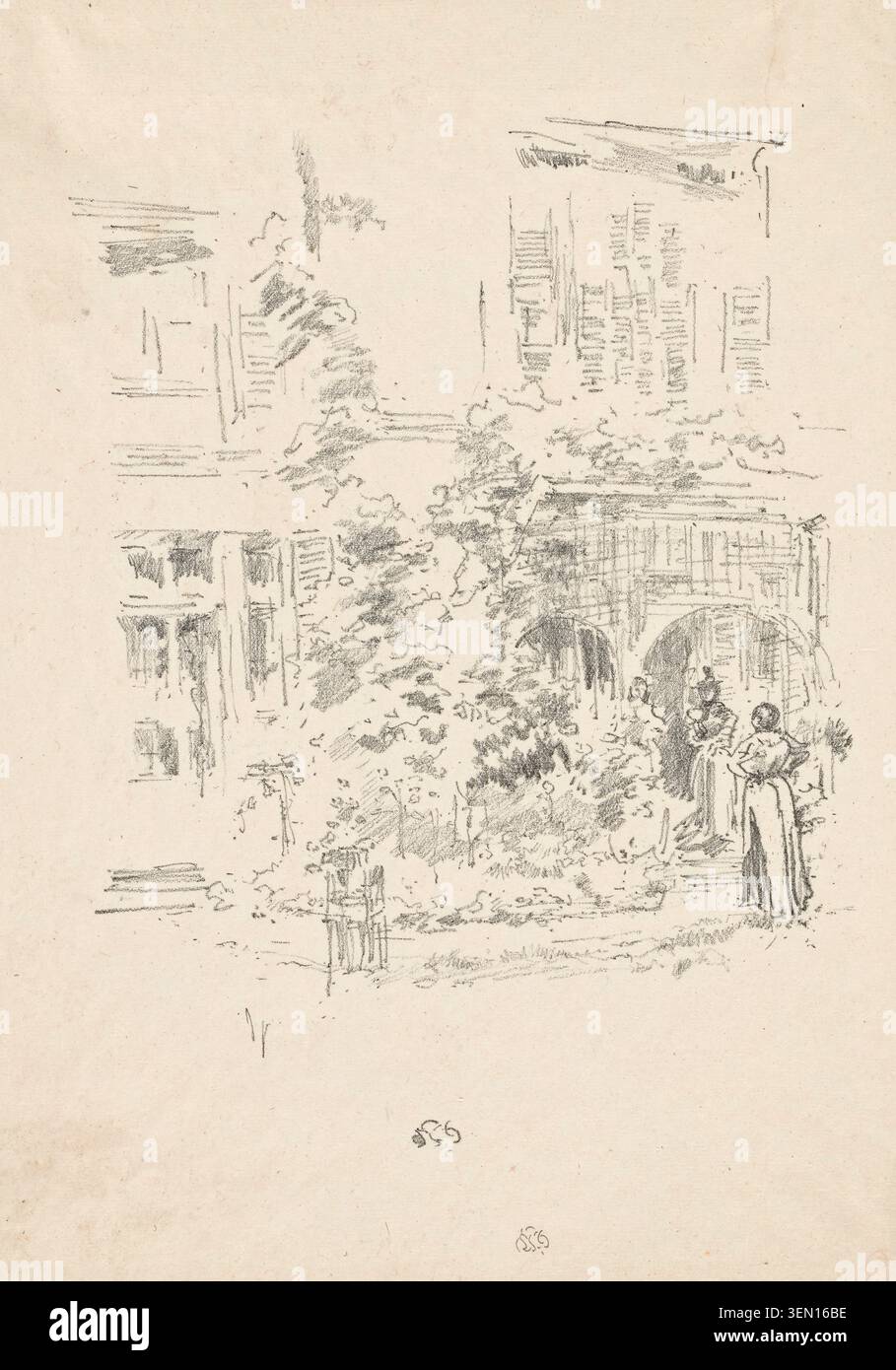 The Garden Porch di James McNeill Whistler, 1894, raffigurante figure riunite in un verdeggiante cortile giardino accanto ad una porta ad arco Foto Stock