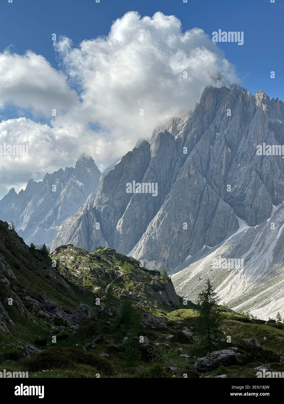 Picchi di calcare frastagliati si innalzano attraverso nuvole turbinanti sopra un pendio alpino impervio e conifere rade. - Immagine stock catturata con smartphone