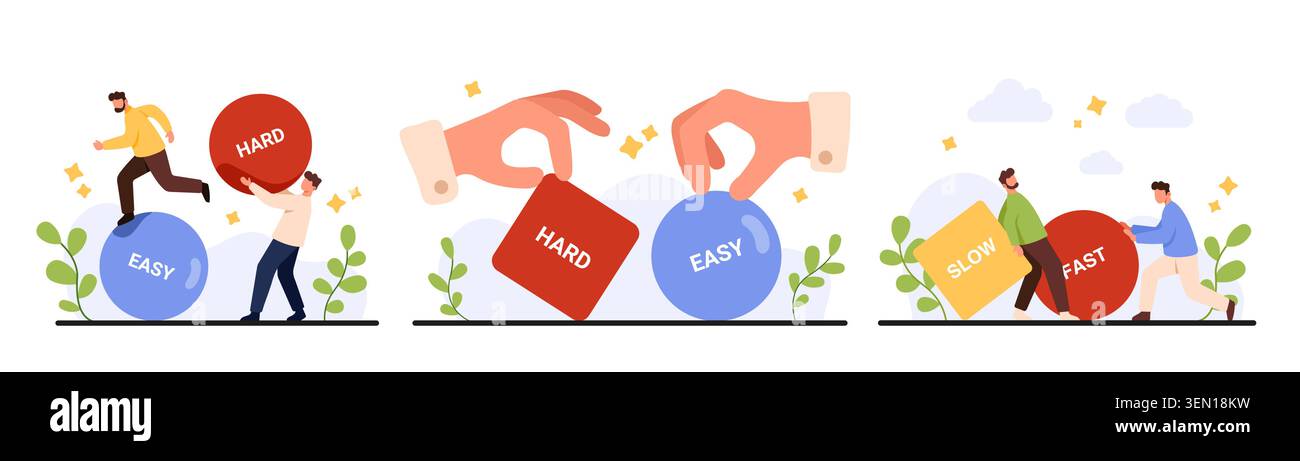 Gli uomini d'affari confrontano le opzioni facili, duramente lente e veloci per la produttività lavorativa il successo la motivazione il concetto di processo decisionale con forme astratte isolate su un'illustrazione vettoriale su sfondo bianco Illustrazione Vettoriale