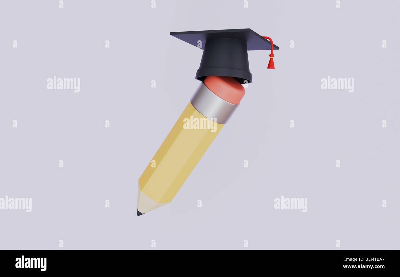 Matita con cappello per laureato illustrazione 3d. Foto Stock