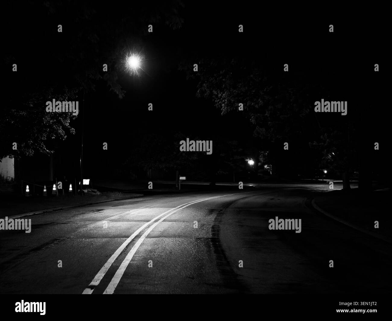 Un paesaggio notturno bianco e nero di una tranquilla strada suburbana curvilinea illuminata da un luminoso lampione di stelle su doppie linee gialle Foto Stock