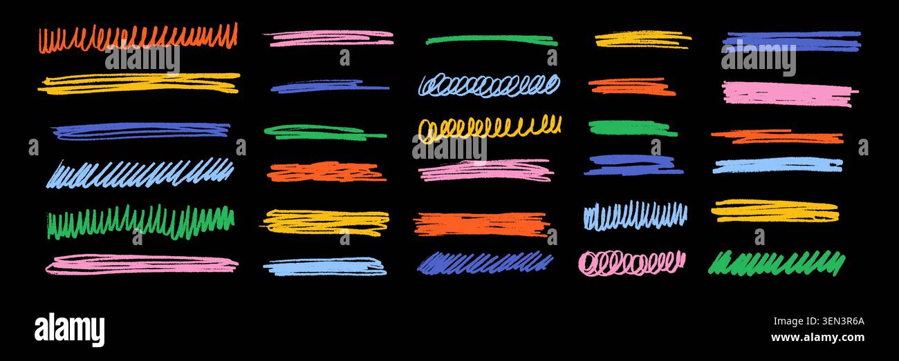 Set di evidenziazione gessetto e enfasi texture. Grondaie e zigzag multicolore su sfondo nero. Illustrazione vettoriale della scrittura a mano Illustrazione Vettoriale