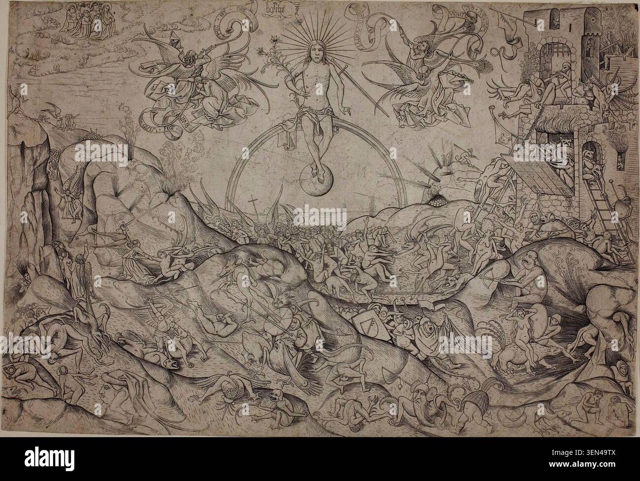 Il giudizio universale di Alart du Hameel, 1478–1506, raffigurante una battaglia caotica tra il bene e il male con dannate anime tormentate dai diavoli in primo piano e selezionate pochi ascendenti al cielo Foto Stock