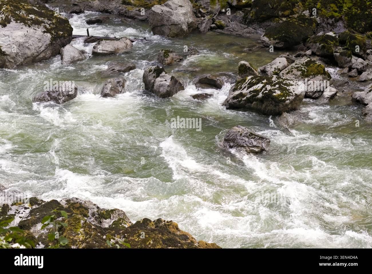 Il fiume scorre e le rapide che si muovono intorno alle rocce rocciose del Robe Canyon, Washington, catturando la bellezza selvaggia del Pacifico nord-occidentale. Foto Stock