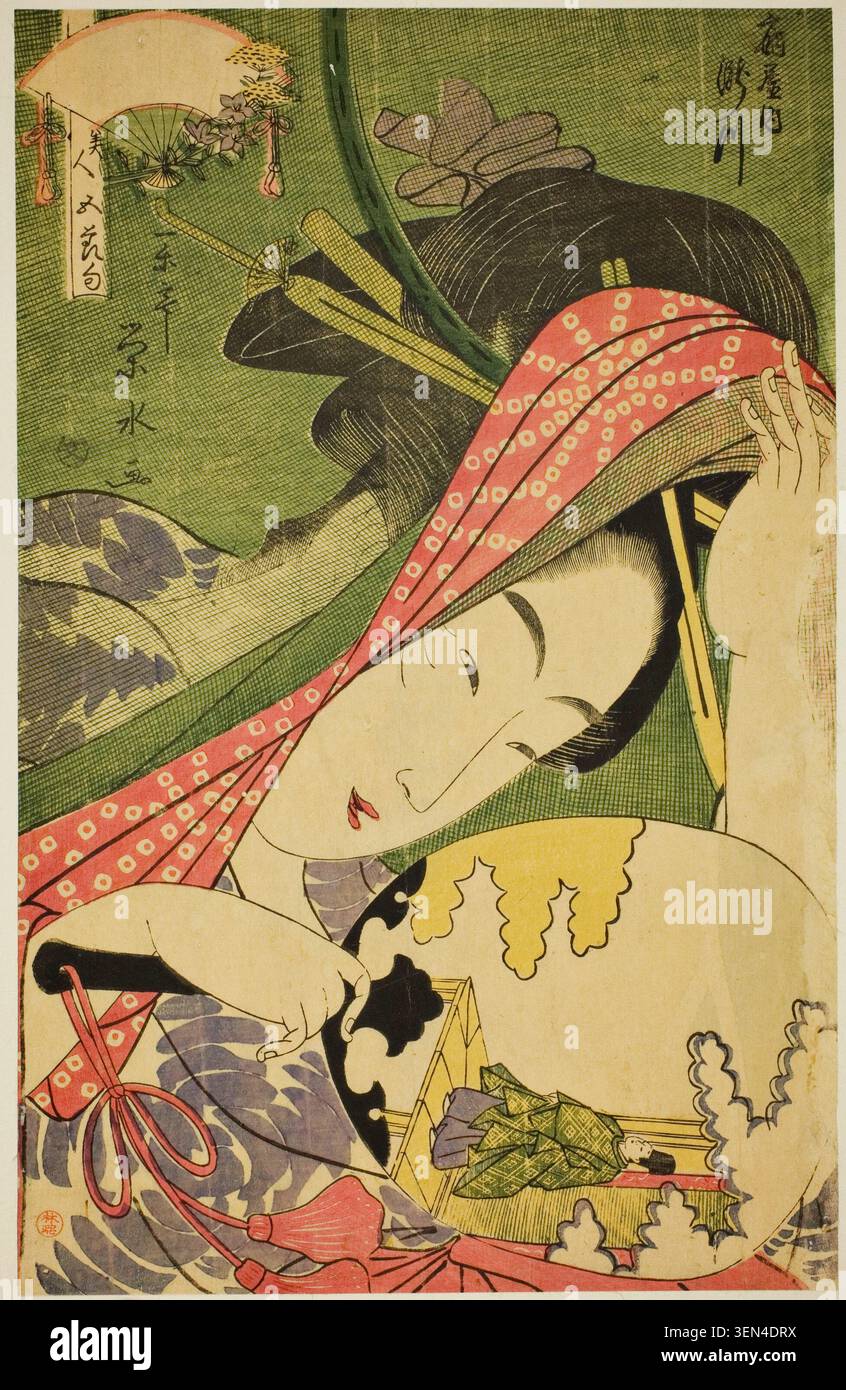 La Courtesan Takigawa degli Ogiya, dalla serie Beauties of the Five Festivals di Ichirakutei Eisui, c. 1795-1800, raffigurante una donna in un elaborato copricapo a motivi rossi che organizza fiori in un vaso d'oro Foto Stock