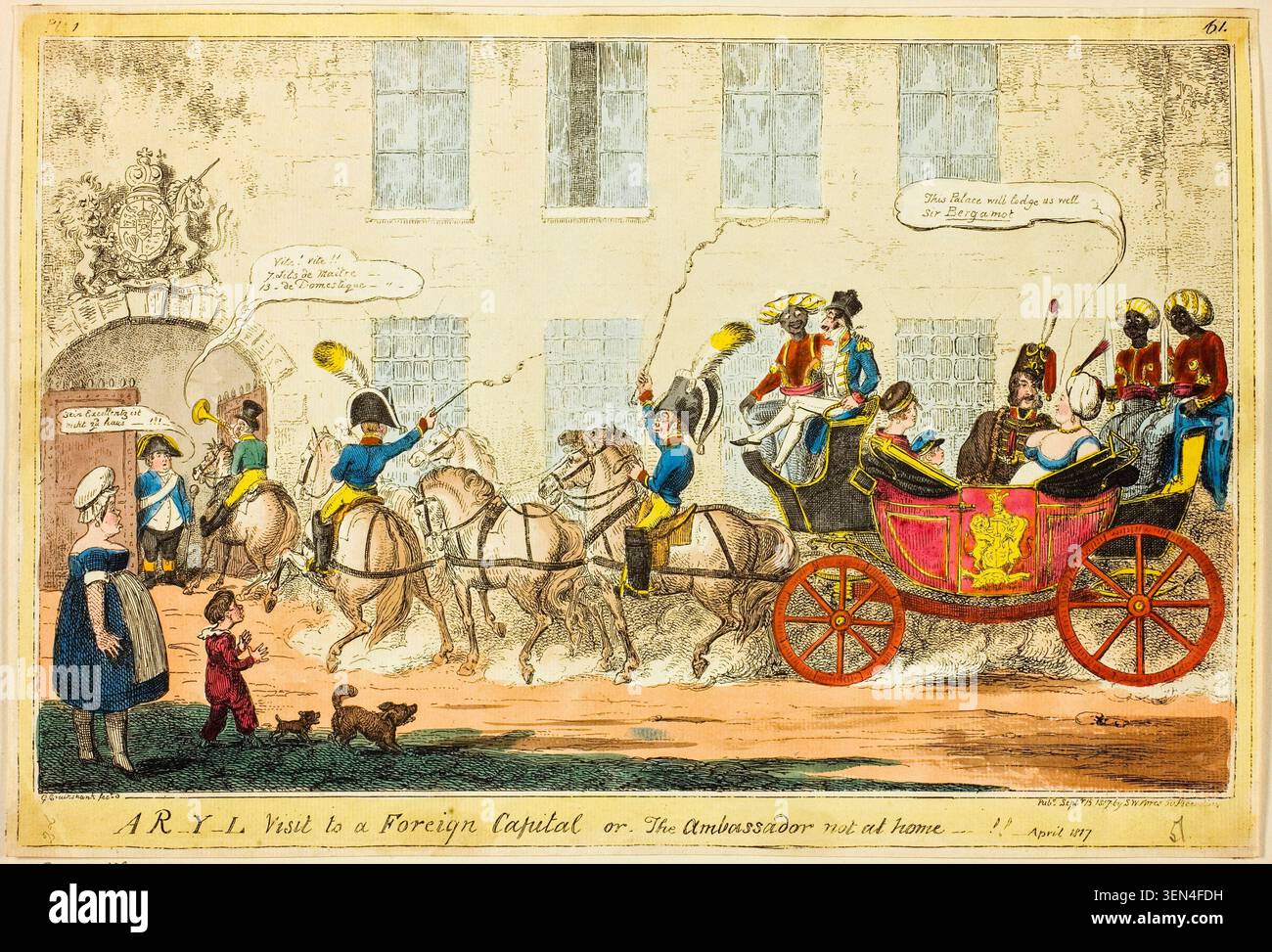 Una visita R-Y-L a una capitale straniera di George Cruikshank, 15 settembre 1817, satira di una processione diplomatica con guardie a cavallo che scortano una carrozza ornata attraverso una strada della città Foto Stock