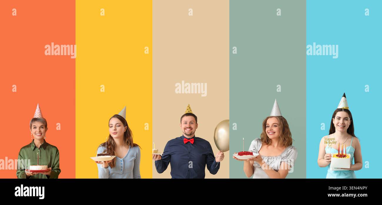 Gruppi diversi di persone che celebrano compleanni con torte e cappelli da festa su sfondi colorati, occasioni festive, un gruppo eterogeneo di persone festeggiano Foto Stock