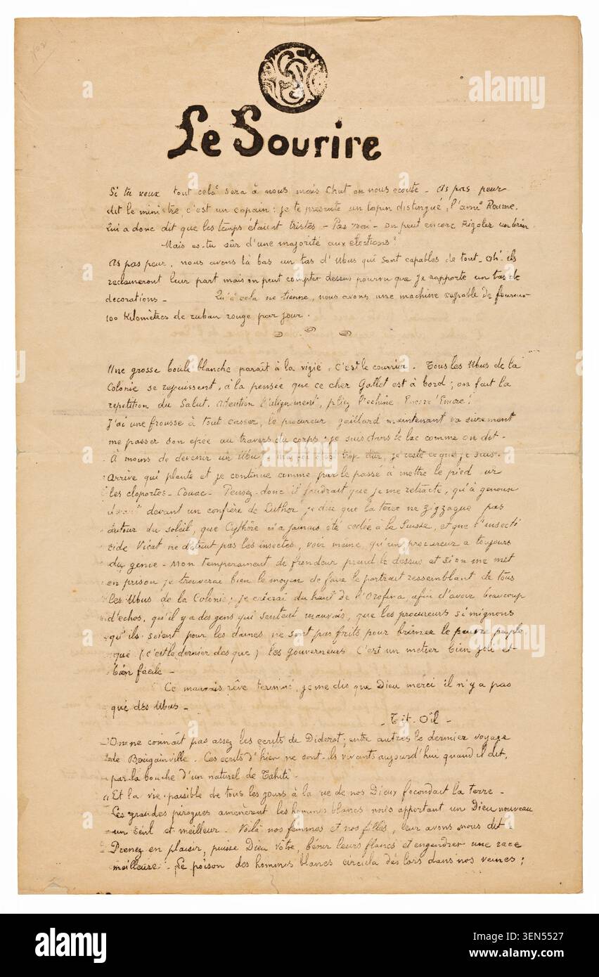 Le sourire: Journal sérieux di Paul Gauguin, 1899, prima pagina del manoscritto con testo francese scritto a mano in corsivo con emblema decorativo Foto Stock