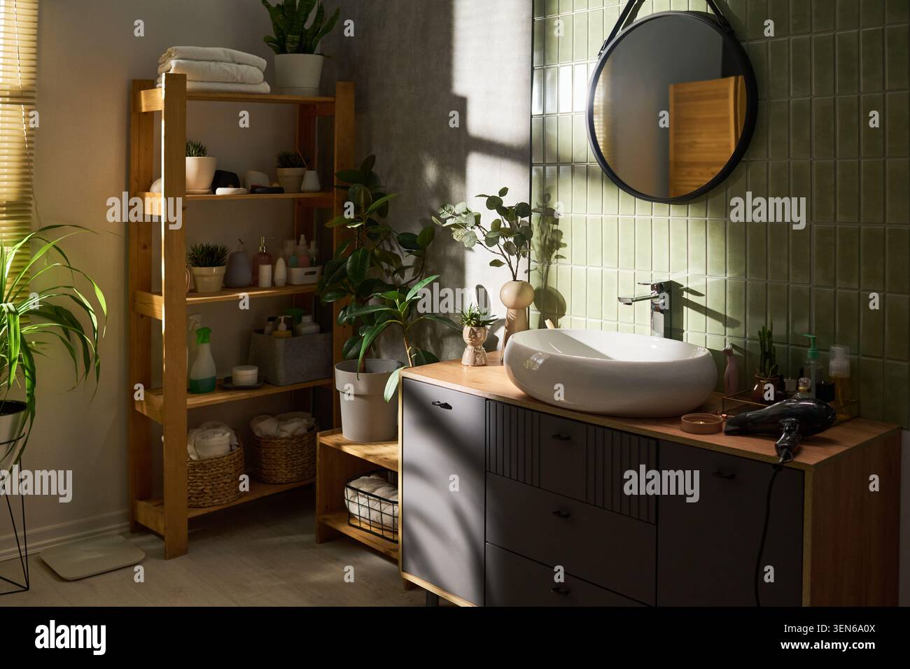 Bagno interno moderno con prodotti per la cura della pelle e della pelle Foto Stock