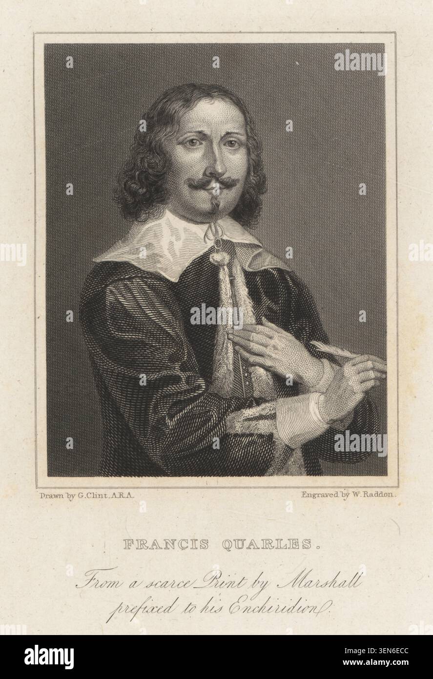 Francis Quarles (1592-1644), poeta inglese noto soprattutto per il suo emblema di libri. Raffigurata in doppietto con ampio collare che regge una penna di quill. Da una scarsa stampa di William Marshall preceduta dalla sua Enchyridion, contenente istituzioni divine e morali. Incisione in acciaio di W. Raddon dopo un'illustrazione di George Clint da Effigies Poeticae, o ritratti di poeti britannici, James Carpenter, Old Bond Street, Londra, 1824. Foto Stock