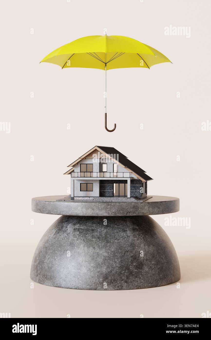 Una piccola casa si trova su una base circolare grigia. Sopra di esso, un ombrello giallo è appeso a un gancio. Questa scena illustra il concetto di assicurazione casa Foto Stock