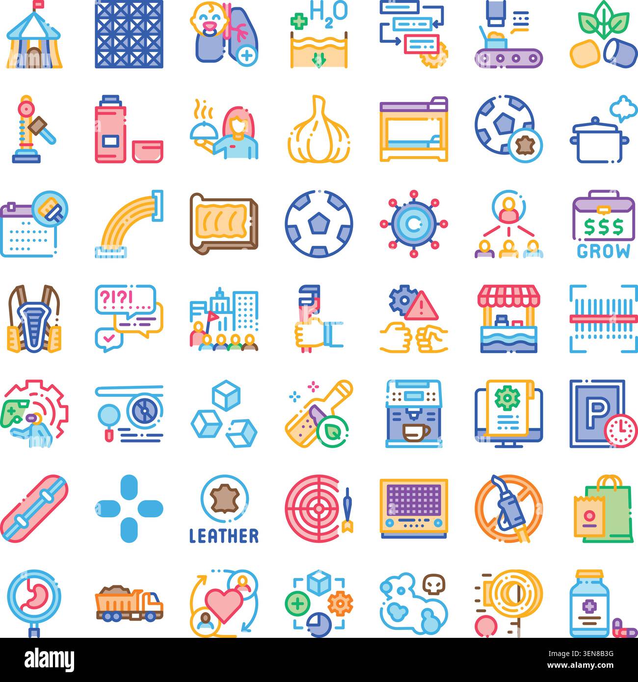 Set di icone della linea vettoriale che raffigura diversi aspetti, industria, sport, cibo, edilizia, la tecnologia e l'obiezione quotidiana hanno delineato per noi i simboli Illustrazione Vettoriale
