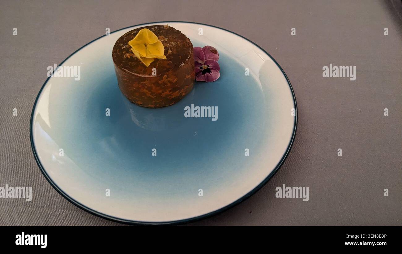 Primo piano di uno squisito dessert business class: Ricca torta al cioccolato con accento foglia oro, servita su un moderno piatto blu sfumato Foto Stock