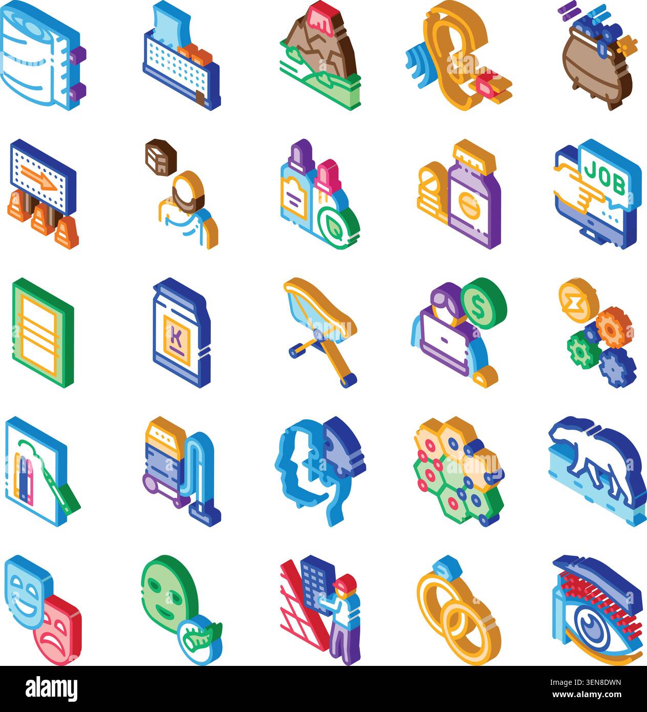Raccolta diversificata di icone isometriche che illustrano temi quali business, finanza, tempo libero, salute, viaggi, tecnologia, istruzione e arte per il web a. Illustrazione Vettoriale