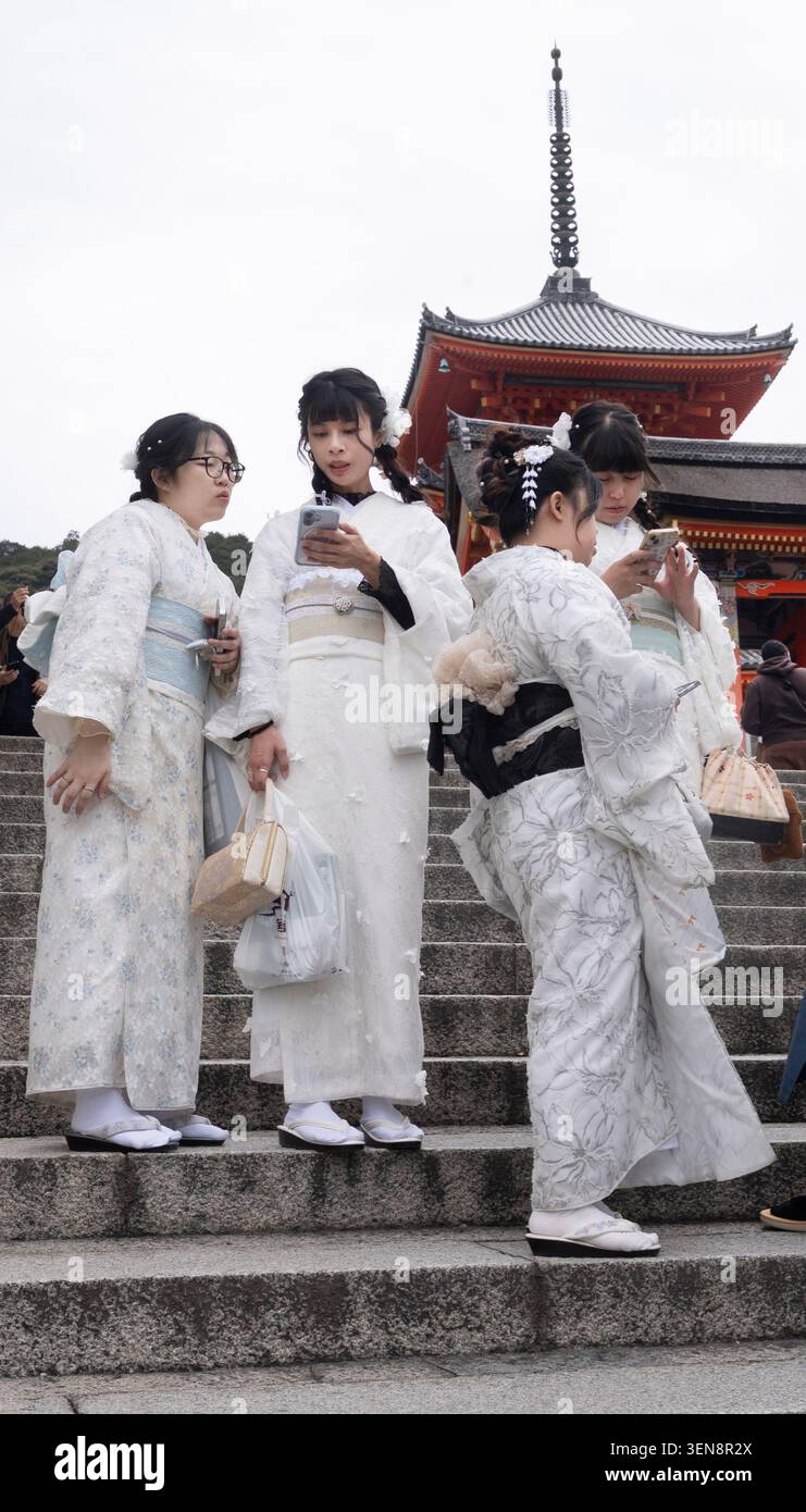 Giappone, Kyoto aprile 2026 tempio Kiyomizu-dera. Un gruppo di giovani donne che indossano tutti kimono bianchi. Foto Stock
