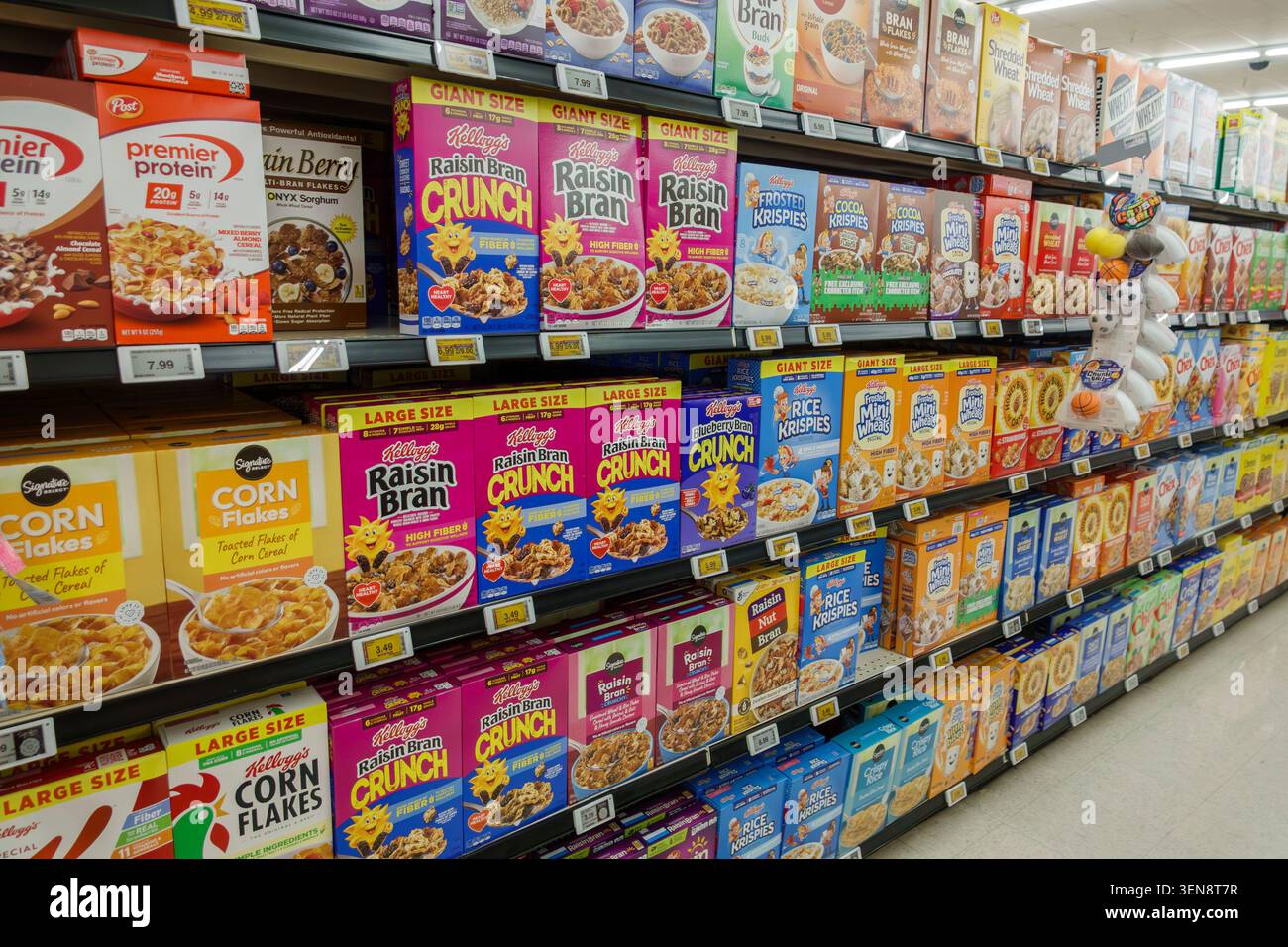 Blythe California, colazione con cereali, Raisin Bran Crunch, Kellogg's Raisin Bran, riso Krispies, crocchette di cacao, mini Wheats smerigliati, fiocchi di mais, grattugiate Foto Stock