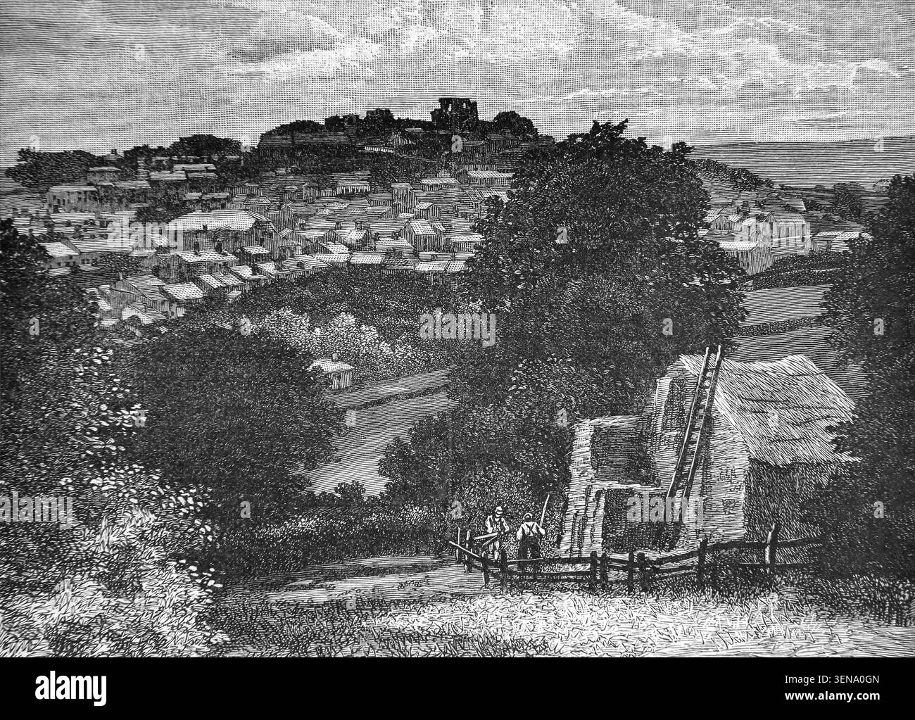 Incisione della città storica di Denbigh Galles da un pppppphotgraph di Cutherall e Pritchard da un libro di storia del XIX secolo Cassell's History of Engl Foto Stock